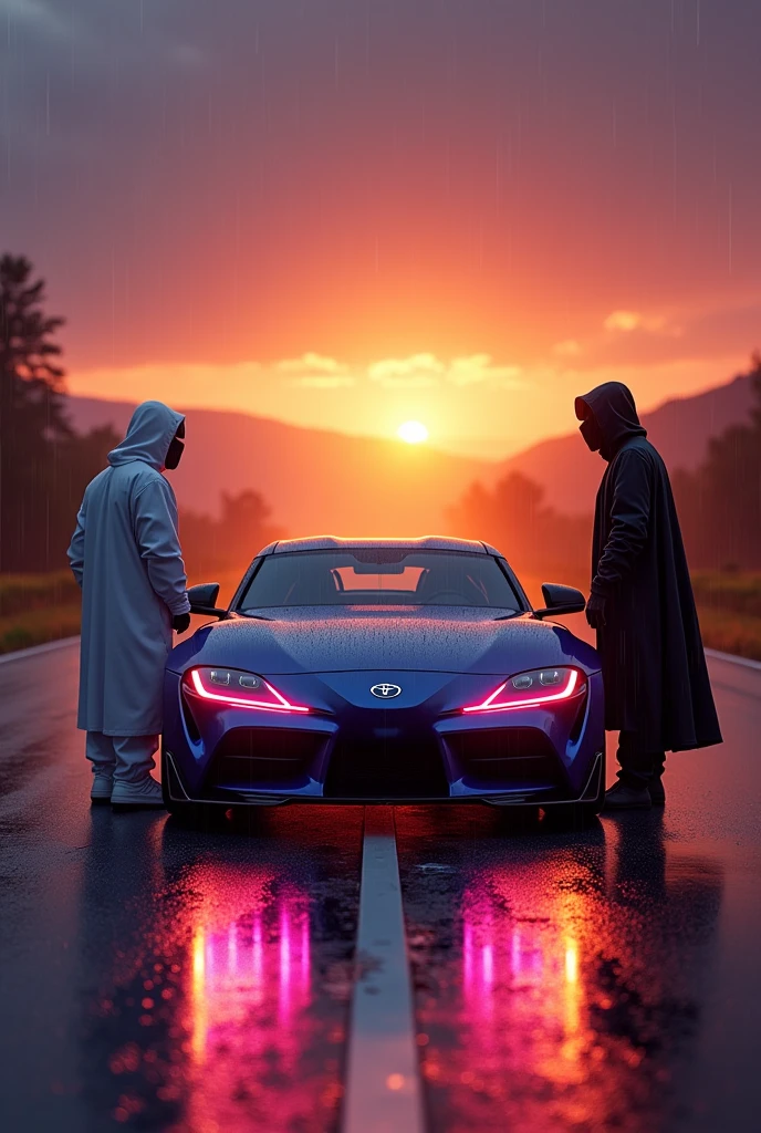 Supra car standing on road in sunset with RGB light ultra realistic in rain fall and 
2 brother standing whiteand black custome 