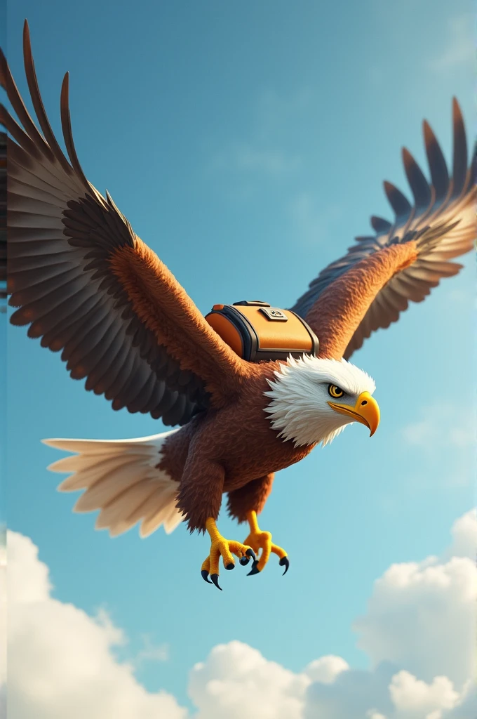 Un oiseau aigle dans les airs avec un sac de livraison au dos