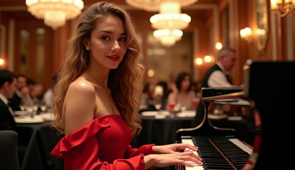 In a luxurious high-end steakhouse，There is a player grand piano with wooden accents and ornate chandeliers，Customers enjoying delicious food。Waiters shuttle among them。A young female pianist is playing jazz，She has long golden curly hair，There is a sea on the forehead，She was wearing a red evening gown with off-the-shoulder shoulders，Her smile is bright and warm，There is also a double bass player and a guitarist，The surrounding air is filled with warm, cinematic tones，Shallow and deep field blurs elegantly compose images，Perfectly capturing the sophisticated ambience of this high-end dining venue。