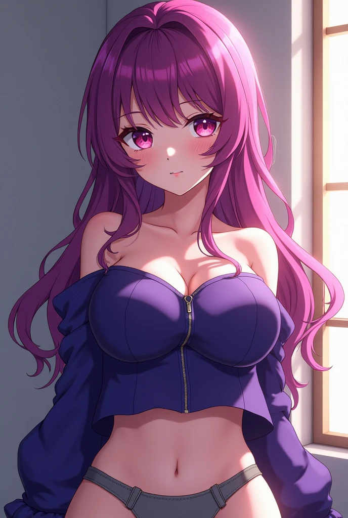 Purple-red haired anime girl wearing a purple-blue off-shoulder jacket with purple-black eyes and 10-inch breasts, wearing only gray panties