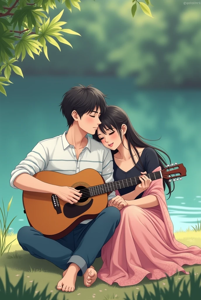 (Photo of backside) ( anime photo) A man and woman sitting next to a lake, man playing guitar, woman wearing soft pink georgette printed shari,black blouse, long hair, woman's head on man's shoulder, man wearing a white shirt with thin horizontal blue stripe