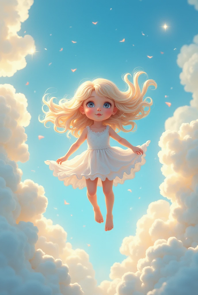 (best quality,4K,8k,high resolution,masterpiece:1.2), The girl in the clouds has hair as fluffy as a cloud., starlet, Fantasy Illustration, dreamy colors, children'The illustration style of.vivid colors