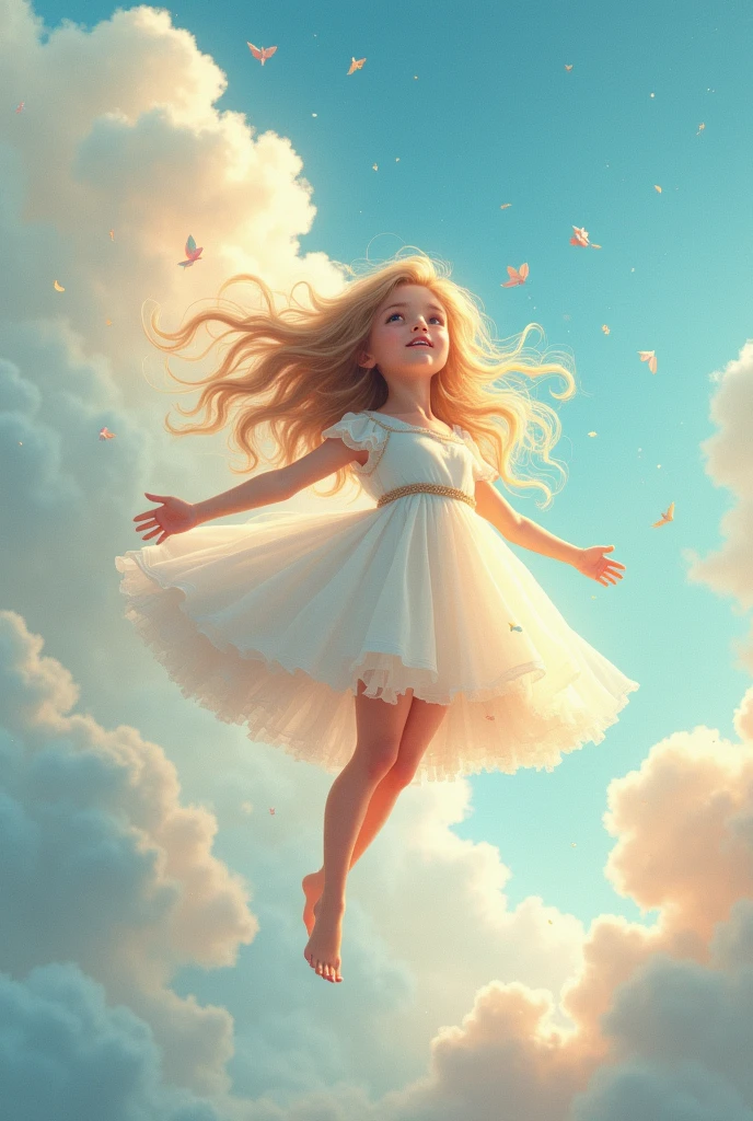 (best quality,4K,8k,high resolution,masterpiece:1.2), The girl in the clouds has hair as fluffy as a cloud., starlet, Fantasy Illustration, dreamy colors, children&#39;The illustration style of.vivid colors