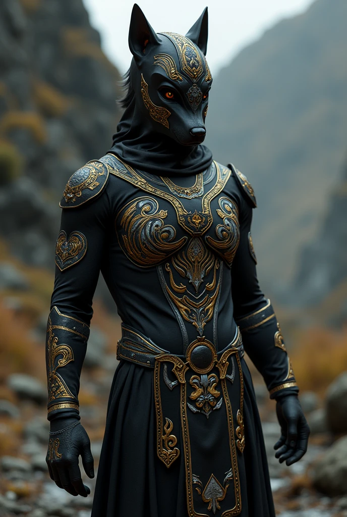 (photorealism:1.2), bench cheering costume. Theme: Black wolves tribe
Base color: black
Other color: gold and silver 
Concept: similar to house of Stark of house of the dragon/ game of thrones 
