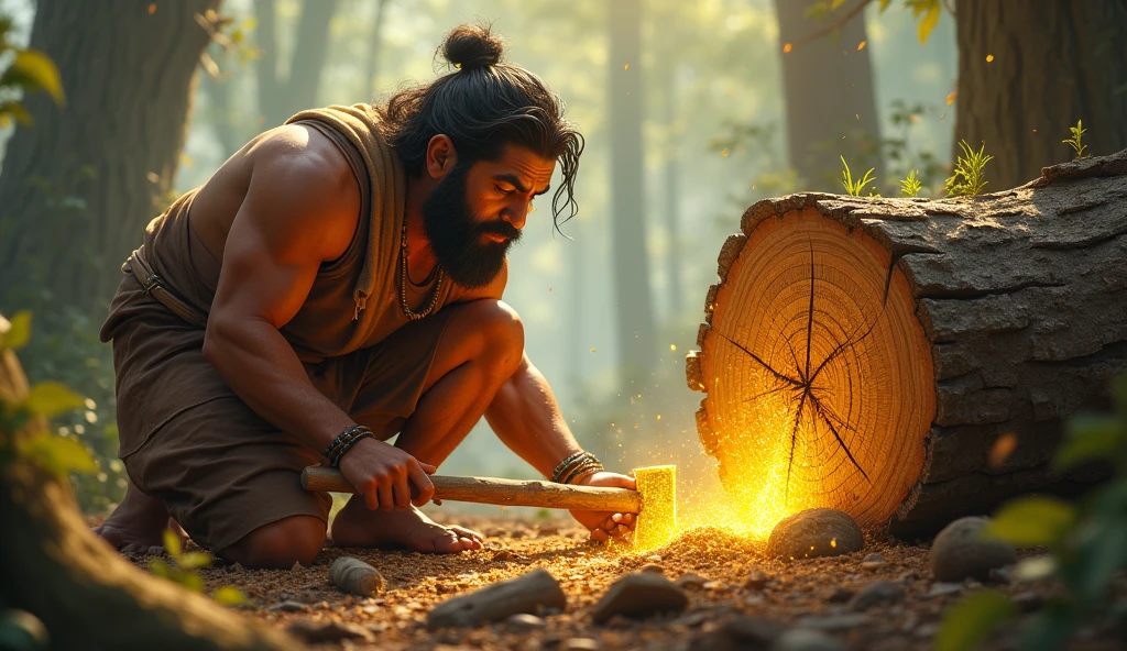 Ramoo discovering a shining golden axe embedded in a log while chopping wood. His expression is one of astonishment and wonder as he carefully examines the golden axe.