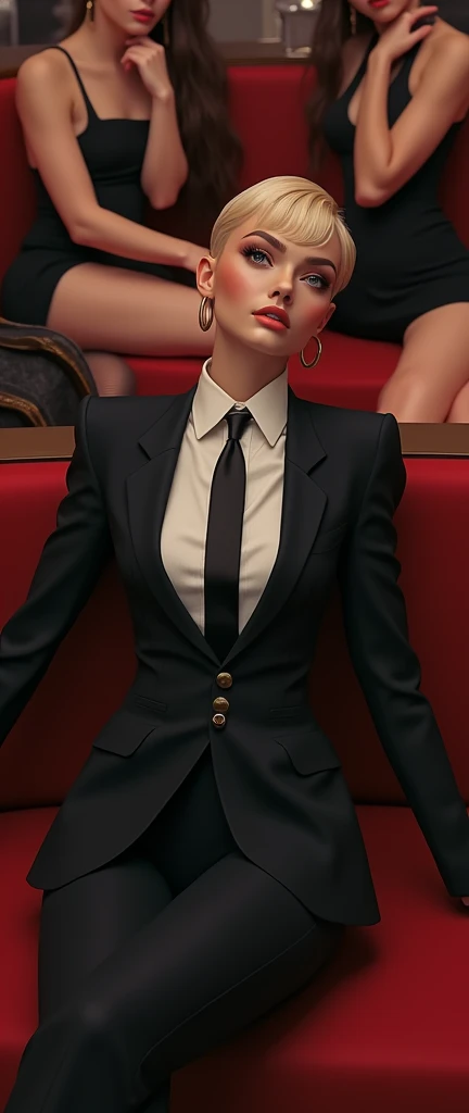 a stylish tomboy woman in casino short hair in a suit and tie kissing reclining while laying flat, with multiple girls laying around her their legs visible in the frame, fashion,elegant,glamorous posture (best quality,4k,8k,highres,masterpiece:1.2),ultra-detailed,(realistic,photorealistic,photo-realistic:1.37),HDR,UHD,studio lighting,ultra-fine painting,sharp focus,physically-based rendering,extreme detail description,professional,vivid colors,bokeh,portrait,high fashion,elegant,glamorous,cinematic,dramatic lighting,moody,mysterious,sensual,sophisticated