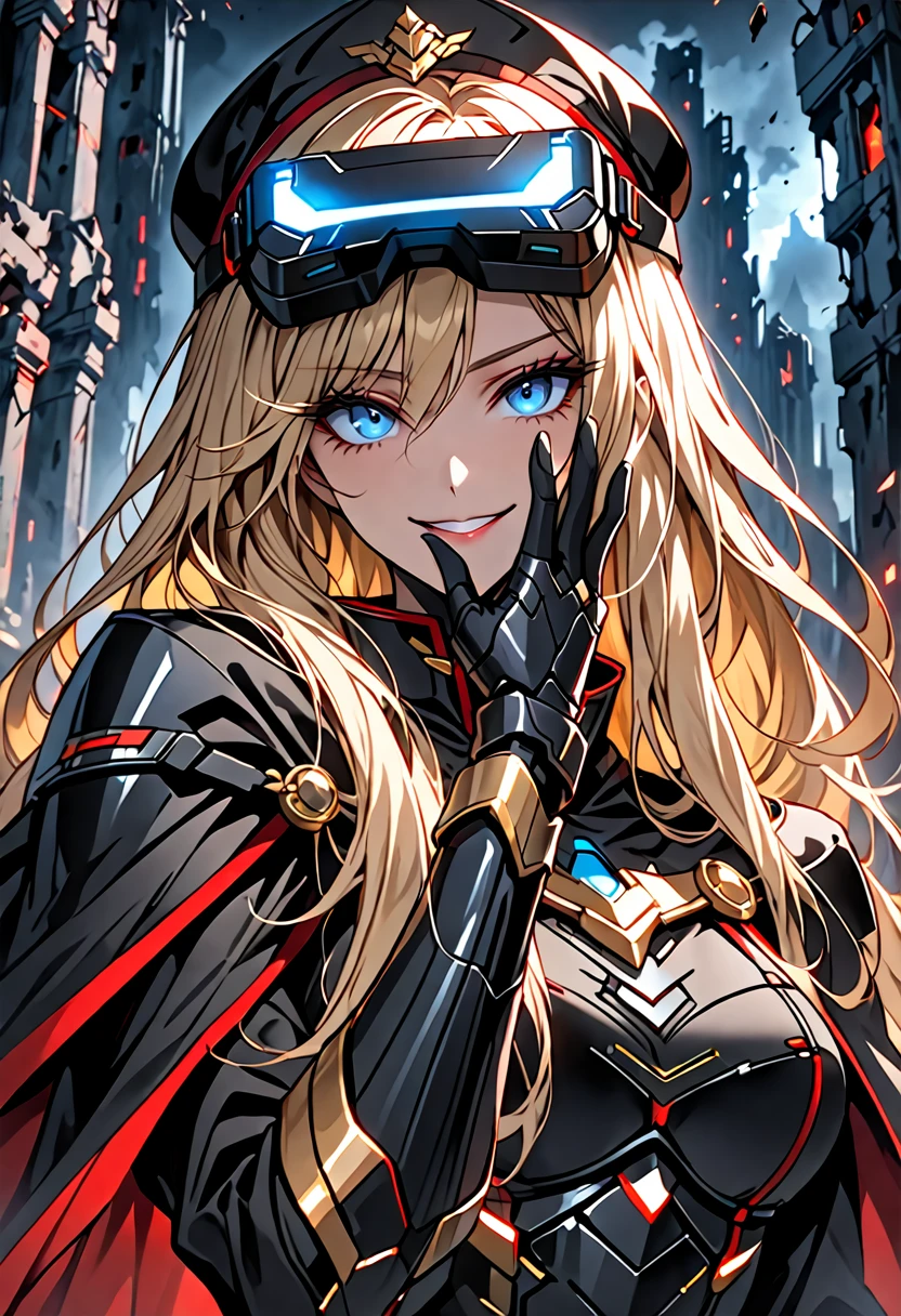 solo, female, sfw, medium shot, huge woman, extremely tall woman, blue eyes, blonde, long hair, black uniform, ((black armor)), black cape, gold trim, red trim, muscular, ruins, smile, military cap, one hand on face, yandere pose, baggy breeches, broad shoulders, night, close up, looking at viewer, futuristic, head-mounted display, display covering eyes