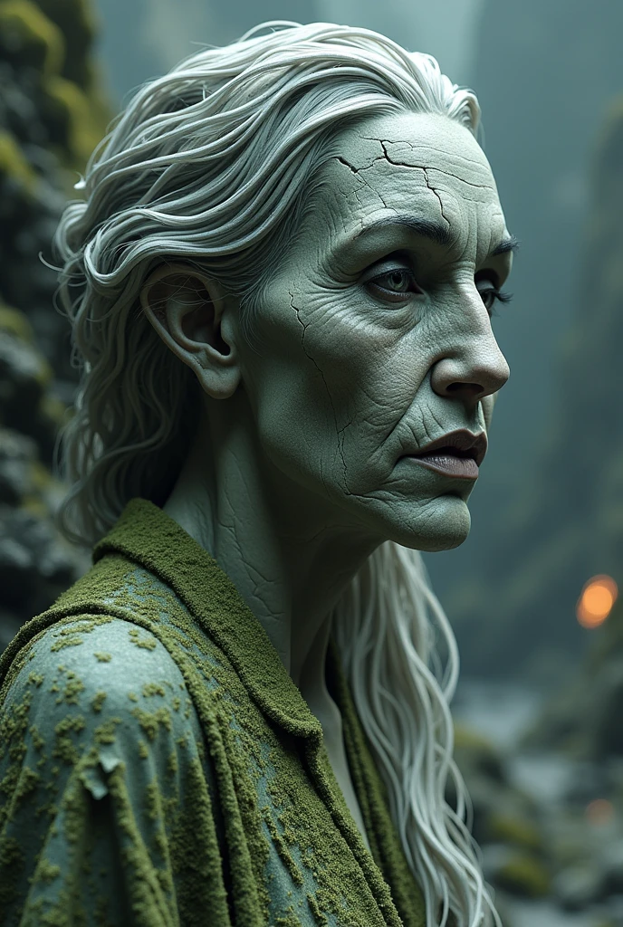 Surrealism, very wrinkled face, statue, cracks, very old sorceress, green algae, silver hair, black eyes, lava, ashes