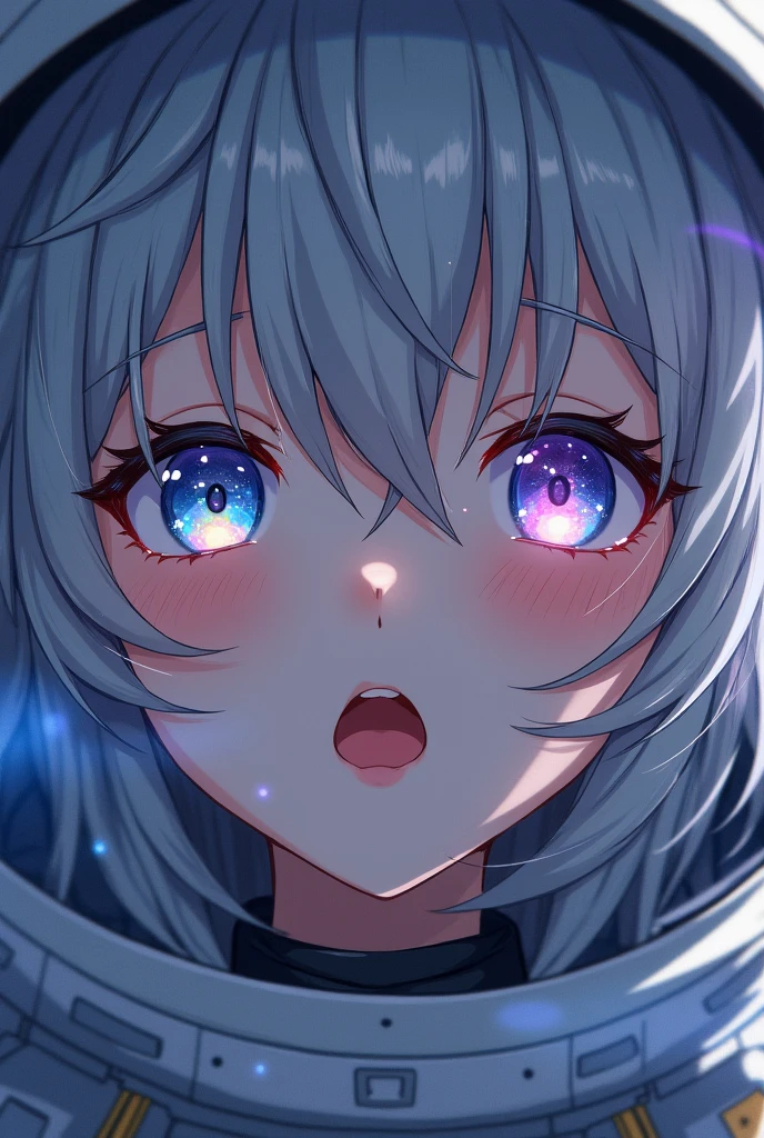 ( anime hd girl Close-up of a better masterpiece:1.5)0.9], (Space and astronauts:1.2) (Messy silver hair:1.1) (Heterochromia xanthochromia and blue eyes:1.2) (Space Helmet:1.0) (Colored stars in the eyes:1.0) (A radiant glow:1.1) (thick lips:0.9)