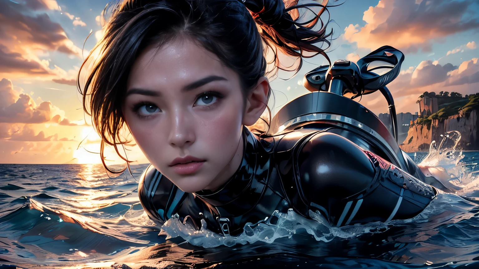 (Photorealistic, high resolution, Live-action images natural soft light:1.4)、One lady、(Best Beautiful Girl Neat face Big eyes and high nose thin chin Impersonation face), (Outstanding style round breast long legged)、((Rescue Team Uniforms Uniform made of wetsuit material based on white and light gray Abundant equipment, Equipped with diving modern and futuristic equipment's on the head、snorkel、Harnes、a belt、Oxygen cylinder、Draw accurately down to the smallest detail))、Rin々Shishi、Cool pose、On a patrol boat at sea、Introduction status、preparation、Wearing a wetsuit will make your toned abs stand out, in deep blue ocean background,