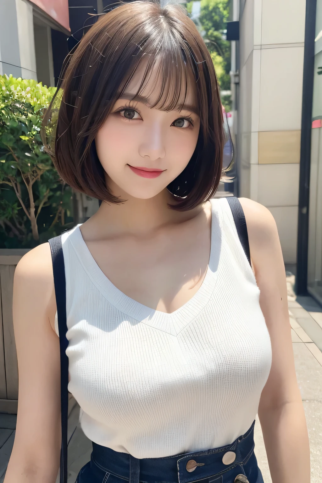 masutepiece, Best Quality, Illustration, Ultra-detailed, finely detail, hight resolution, 8K Wallpaper, Perfect dynamic composition, Beautiful detailed eyes, Women's Fashion Summer,Short bob hair,Small breasts natural color lip, Bold sexy poses,Smile,Harajuku,18 years girl,Cute,Sexy shot looking at camera,Sleeveless knitwear,White knitwear,Armpits,bura,Floral hair ornament,Large Breasts:1.8, Slim Body:1.5,