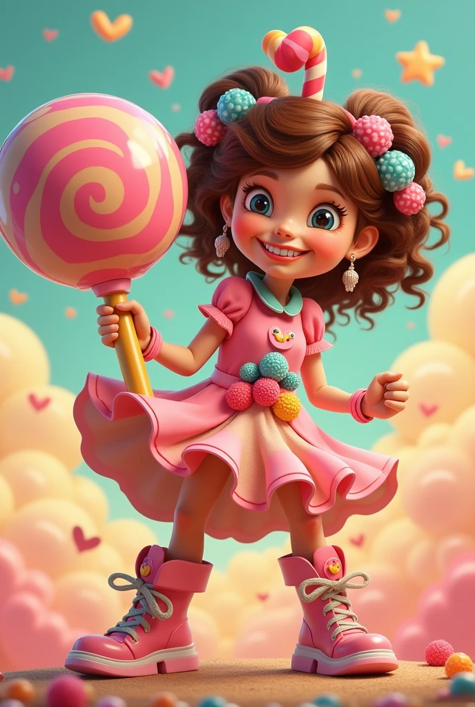 A playful woman holds a large candy and grins mischievously, her pose exaggerated and cartoonish. She is dressed in a unique and colorful outfit with oversized accessories, making her look whimsical and fun, the candy, although large, is designed in a cute, almost toy-like style, adding to the playful and cheerful feel of the scene. The background is bright and cheerful, adding to the overall playful atmosphere.