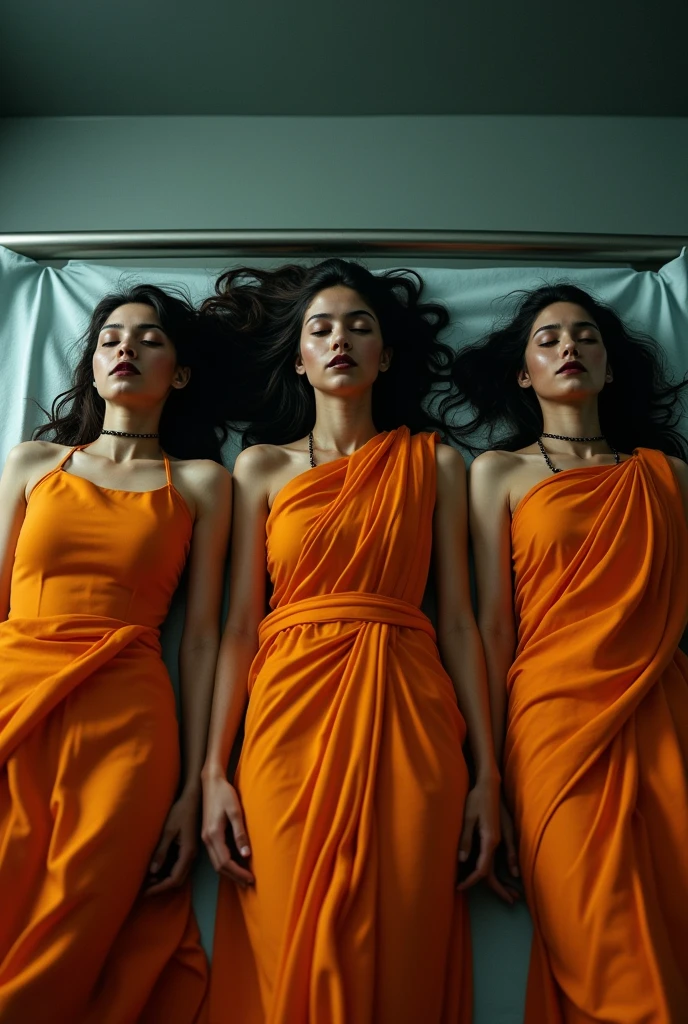3 girls in safron saree dead body in the morgue bed full body laying displayed eyes closed mouth opened maroon lips
