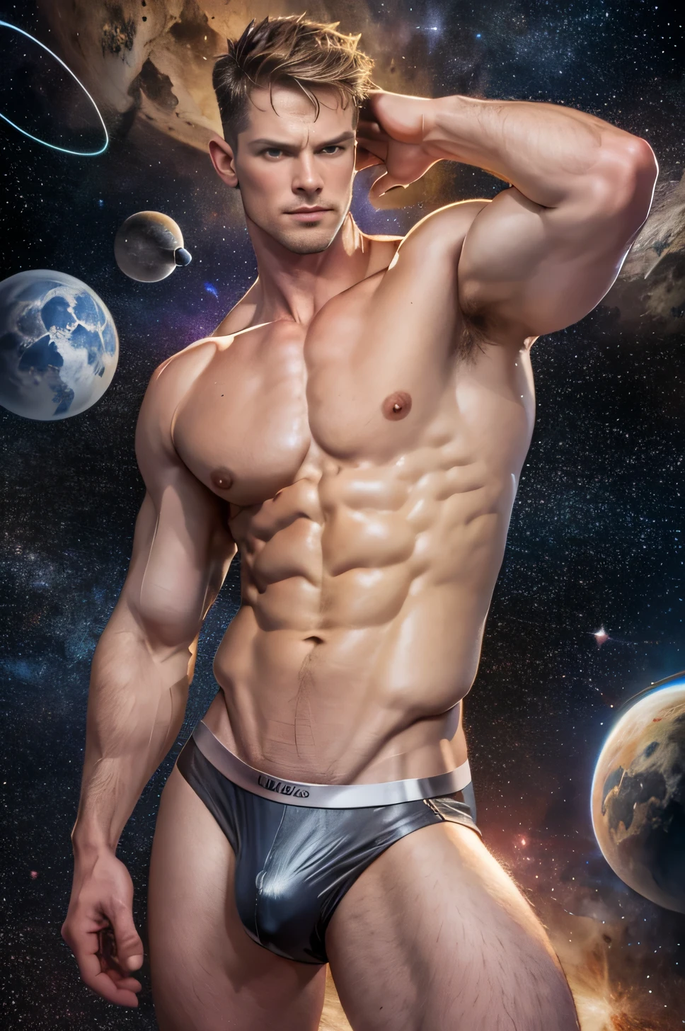 Malcolm reynolds, slender lean, shirtless, wearing a metal jockstrap, big chest, dynamic pose, big butt, space cosmic background