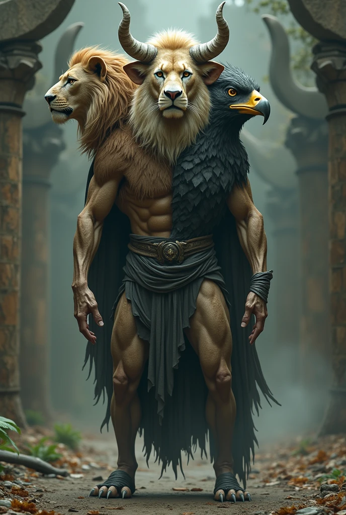 A man with four face
One face of a man
One face of a lion
One face of a Ox
One face of a eagle
Hand and body is human
straight legs with hooves