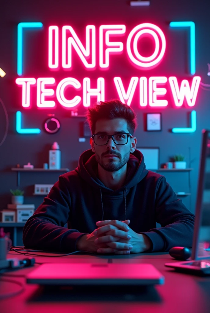"Create an image of a YouTuber with a tech-focused background. The scene should include the words 'Info Tech View' in neon lights, glowing brightly behind the YouTuber. The YouTuber should be positioned in front of the neon sign, surrounded by elements like gadgets, circuit boards, and other technology-related visuals. The overall vibe should be modern and high-tech, with a dark background that highlights the neon lighting."
