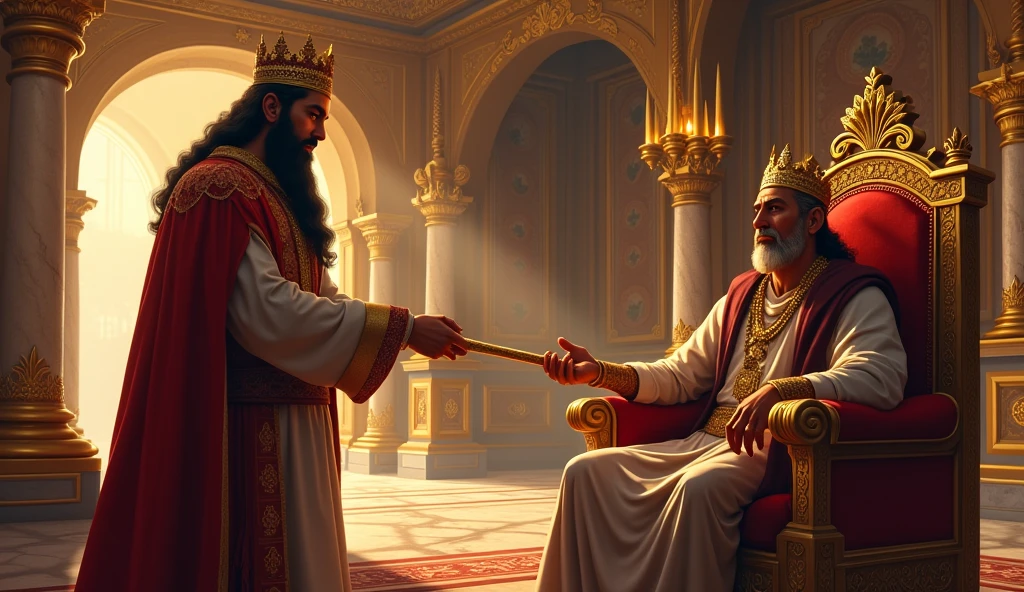 Ramoo presenting the golden axe to the king in a grand palace. The king, dressed in regal attire, looks impressed and surprised. The palace interior is ornate with rich decorations.