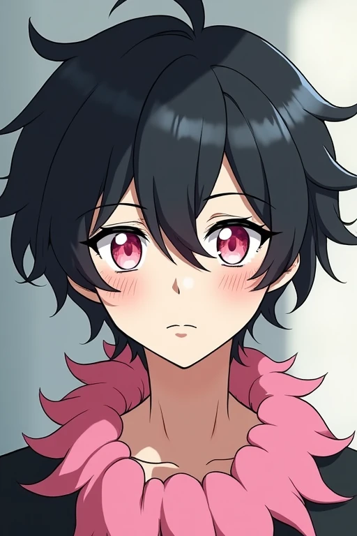 bangs, Droopy eyes, Three white eyes, Black Hair, 斜めbangs, Natural Curl, Inner Color, Very short hair, Simple Background, Background Blur, Japanese illustration style, male,Mash Hair,Pink Eyes,Collar hair,ピンク色のInner Color,ピンクのCollar hair,Pink nape，male性俯瞰, A series of character actions, 