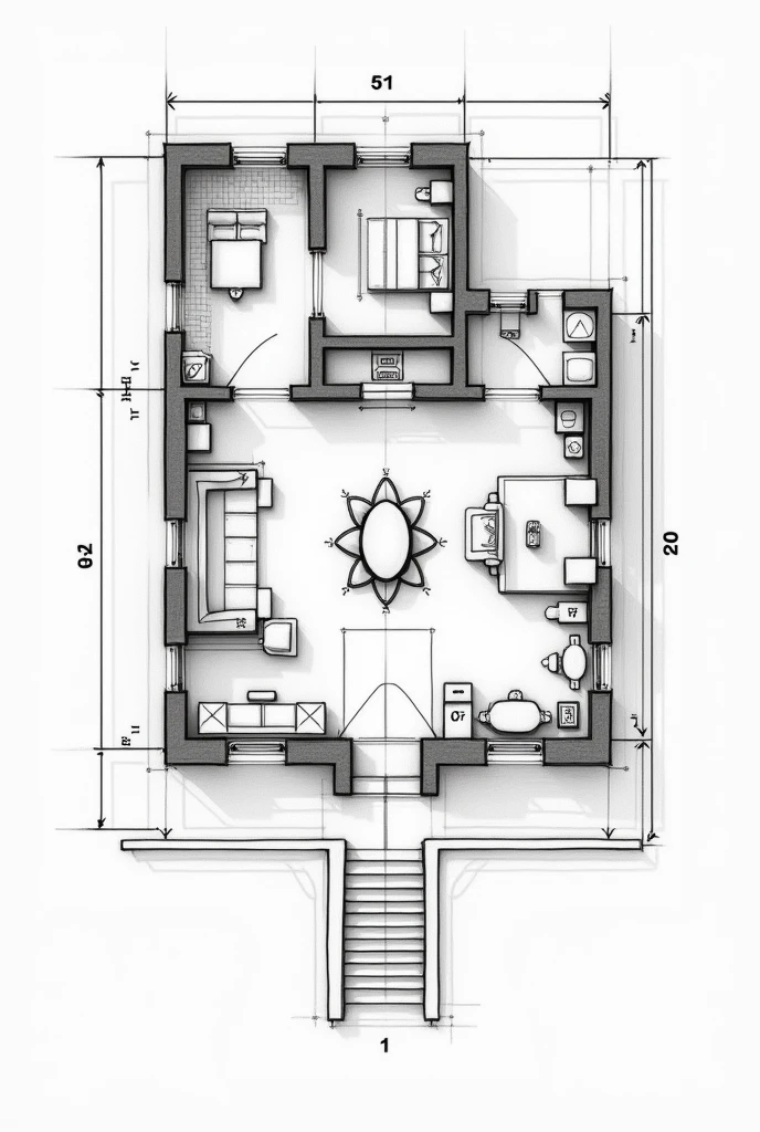 groundloor plan of mansion engineer drafting black and white sketch