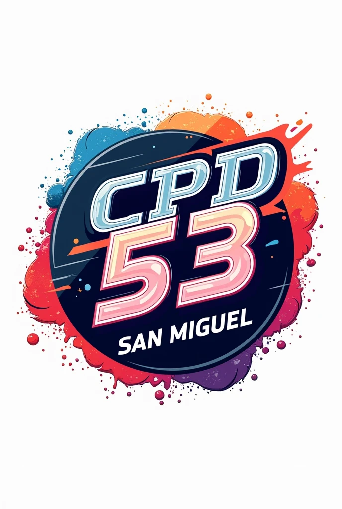 Create a team style logo with letters " CPD 53 " and below the logo , to place " san miguel" Criar uma arte , with bright and striking colors, create a round logo, with many textures , com o fundo branco