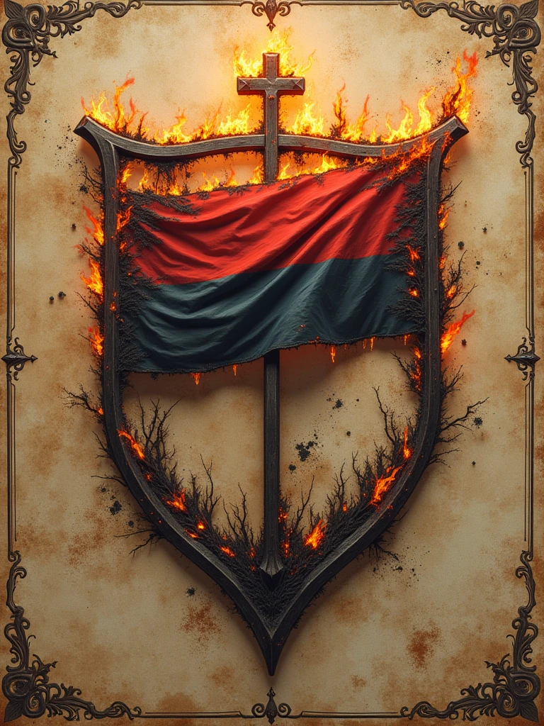 make this flag in the form of a coat of arms with a burnt flag