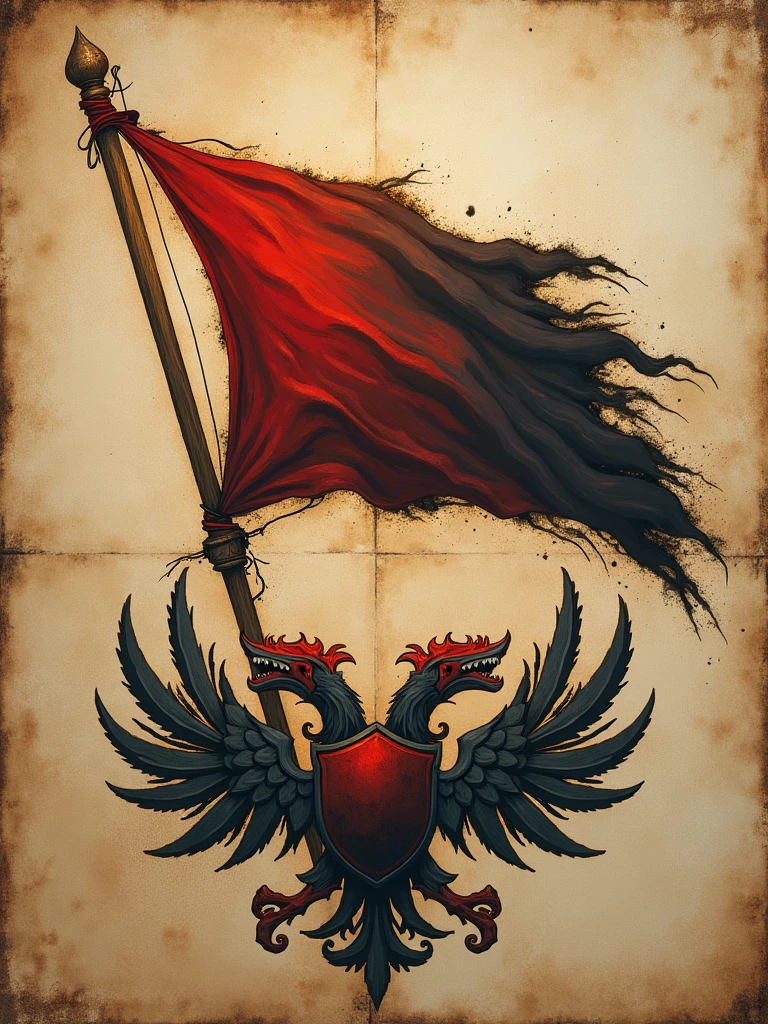 make this flag in the form of a coat of arms with a burnt flag
