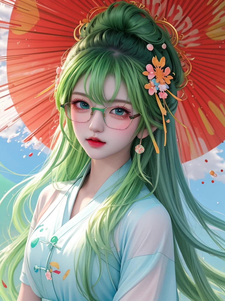 masterpiece, best quality, high resolution), Anime style, ((Splash of Color, Ink splash, Splash of Color)), Sweet Chinese girl, Long 绿色 hair, [green] hair, Light blue eyes，Red half frame glasses，Super huge ，Curly hair, flash, Peach Lips, White shirt, front, Upper Body