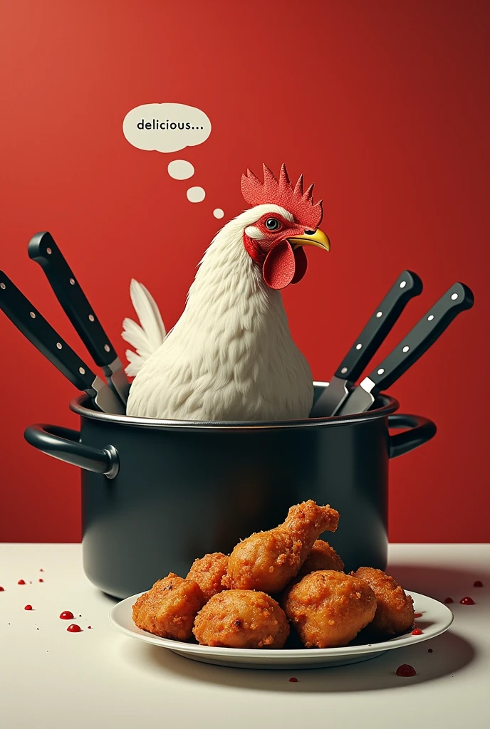 A red and white background, a pot with a fire underneath and a live chicken inside the pot, a crossed two knifes on the top, a fried chicken on aside, the chiken in the pot looking at the fried chicken write "Delicious ..." as a thought on the top of the chicken head