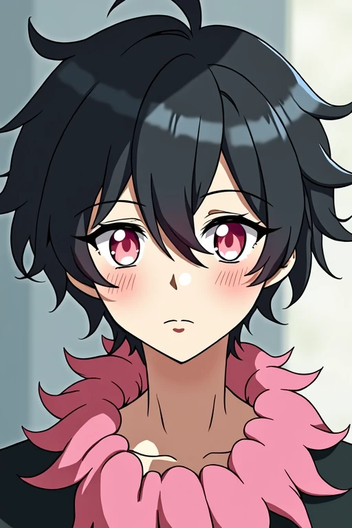 bangs, Droopy eyes, Three white eyes, Black Hair, Diagonal bangs, Natural Curl, Inner Color, Very short hair, Simple Background, Background Blur, Japanese illustration style, male,Mash Hair,Pink Eyes,Collar hair,Pink Inner Color,Pink Collar Hair,Pink nape,Male sex overlooking, A series of character actions,