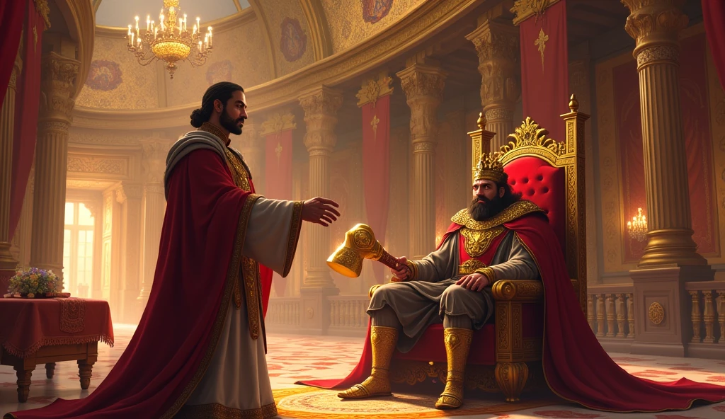 Ramoo presenting the golden axe to the king in a grand palace. The king, dressed in regal attire, looks impressed and surprised. The palace interior is ornate with rich decorations.