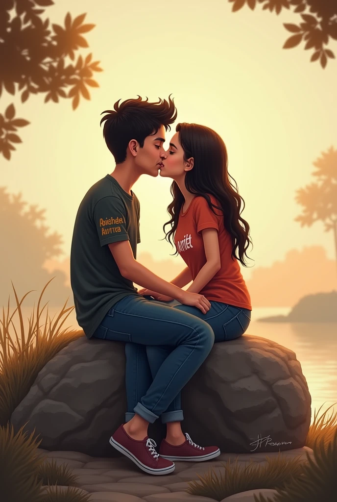 A boy and girl sitting on the rock and lip  kising boy clothes  print Abhishek and girl clothes  print Arpita
