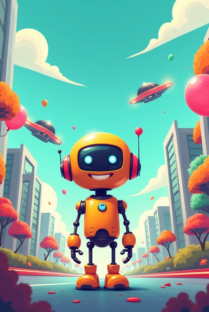 Create a colorful, short cartoon-style image featuring a cheerful robot with big, expressive eyes and a friendly smile. The robot is standing in a vibrant, futuristic cityscape with tall, sleek buildings and flying cars in the background. Include playful elements like floating balloons or a friendly alien waving in the distance.