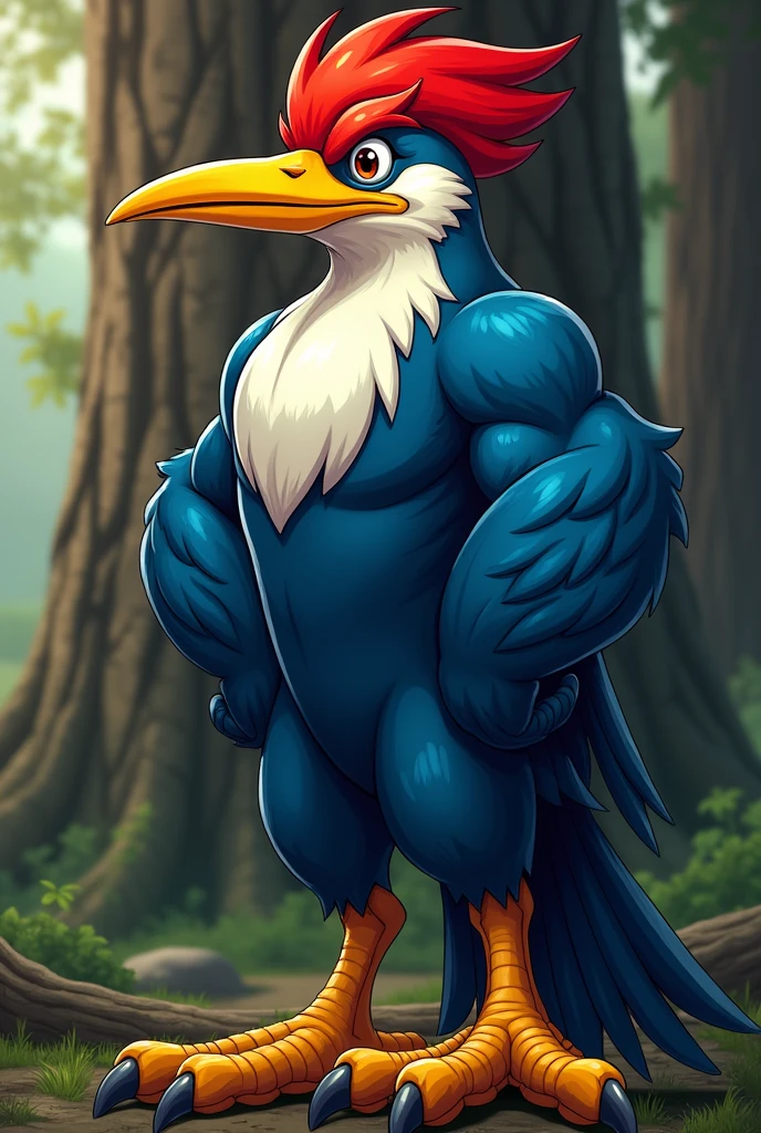 I would like a woodpecker mascot in blue and red, with a yellow beak, it needs to be masculine, strong, standing, with strong legs and paws