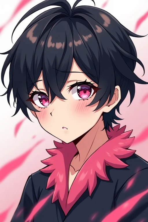 bangs, Droopy eyes, Three white eyes, Black Hair, 斜めbangs, Natural Curl, Inner Color, Very short hair, Simple Background, Background Blur, Japanese illustration style, male,Mash Hair,Pink Eyes,Collar hair,ピンク色のInner Color,ピンクのCollar hair,Pink nape，male性俯瞰, A series of character actions, 