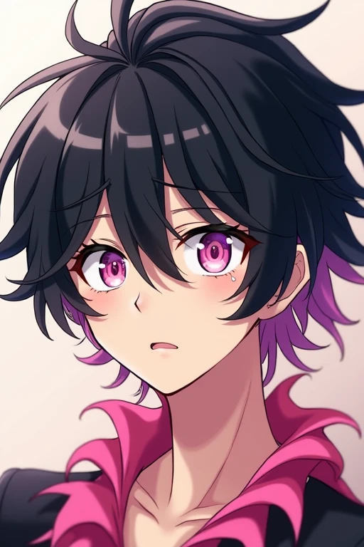 bangs, Droopy eyes, Three white eyes, Black Hair, 斜めbangs, Natural Curl, Inner Color, Very short hair, Simple Background, Background Blur, Japanese illustration style, male,Mash Hair,Pink Eyes,Collar hair,ピンク色のInner Color,ピンクのCollar hair,Pink nape，male性俯瞰, A series of character actions, 