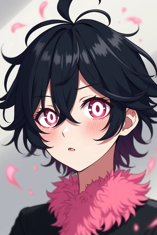 bangs, Droopy eyes, Three white eyes, Black Hair, 斜めbangs, Natural Curl, Inner Color, Very short hair, Simple Background, Background Blur, Japanese illustration style, male,Mash Hair,Pink Eyes,Collar hair,ピンク色のInner Color,ピンクのCollar hair,Pink nape，male性俯瞰, A series of character actions, 