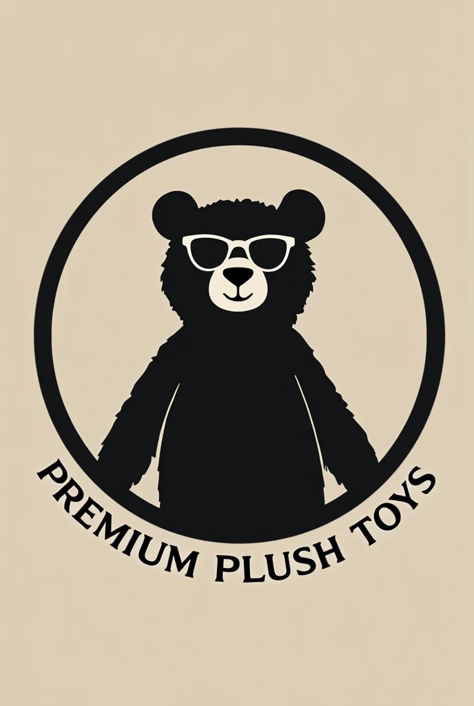 A minimalist logo with the name "Premium Plush Toys" in an elegant, serif font. The silhouette of a stylized bear, wearing sunglasses, is inside a circle. colors: doradas, offwhite, blackw. Fundo offwhite.