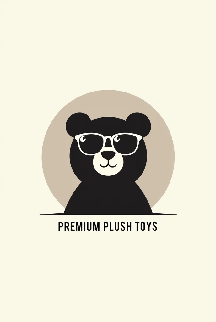 A minimalist logo with the name "Premium Plush Toys" in an elegant, serif font. The silhouette of a stylized bear, wearing sunglasses, is inside a circle. colors: doradas, offwhite, blackw. Fundo offwhite.