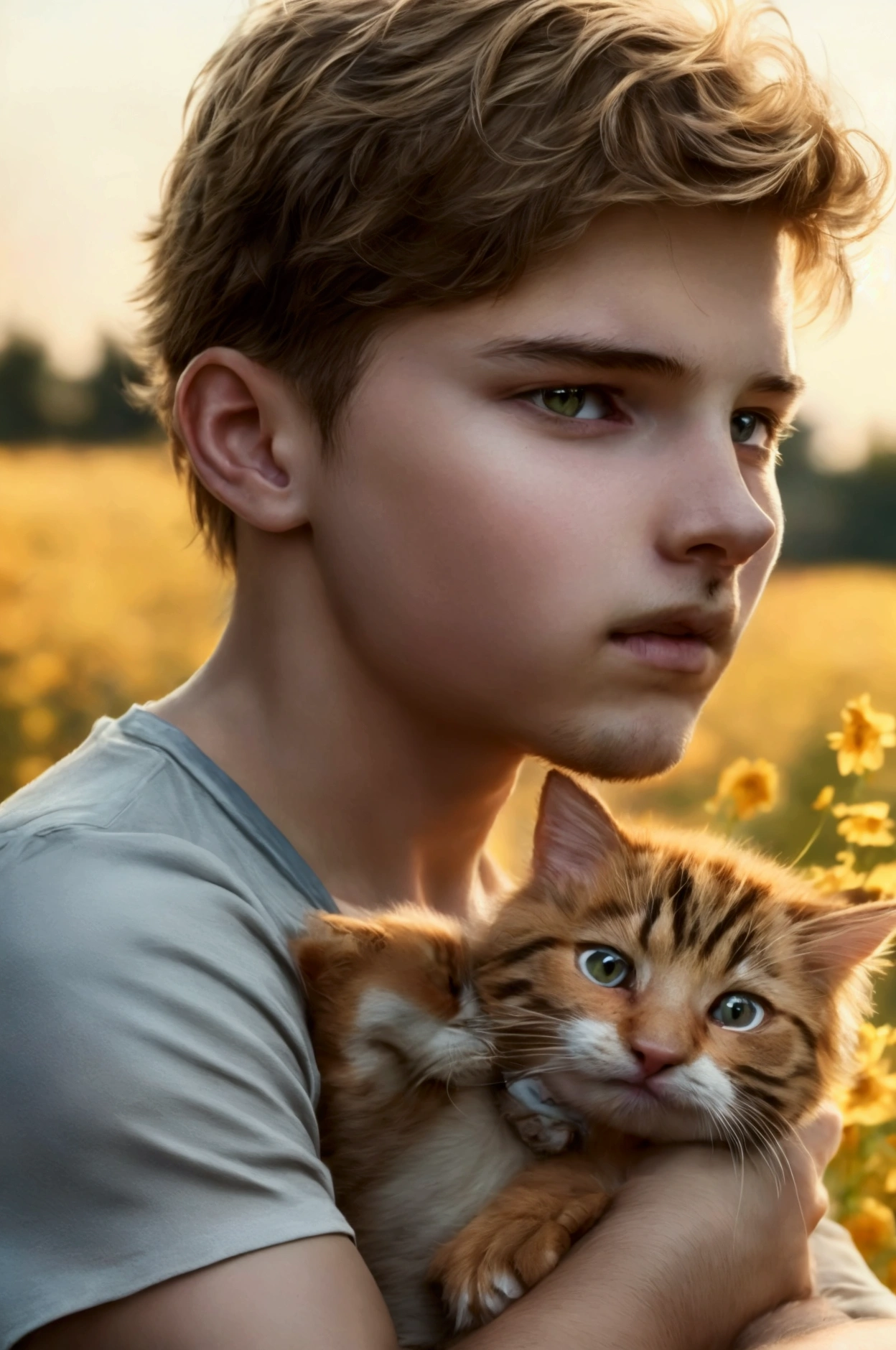 a lonely boy and his adorable kitten in a sunny field, detailed facial features, golden hour lighting, soft focus, 4k, 50mm lens, close-up shot, natural lighting, photorealistic, masterpiece, ultra-detailed, realistic, photo-realistic, extremely detailed, vivid colors, cinematic, dramatic, emotional