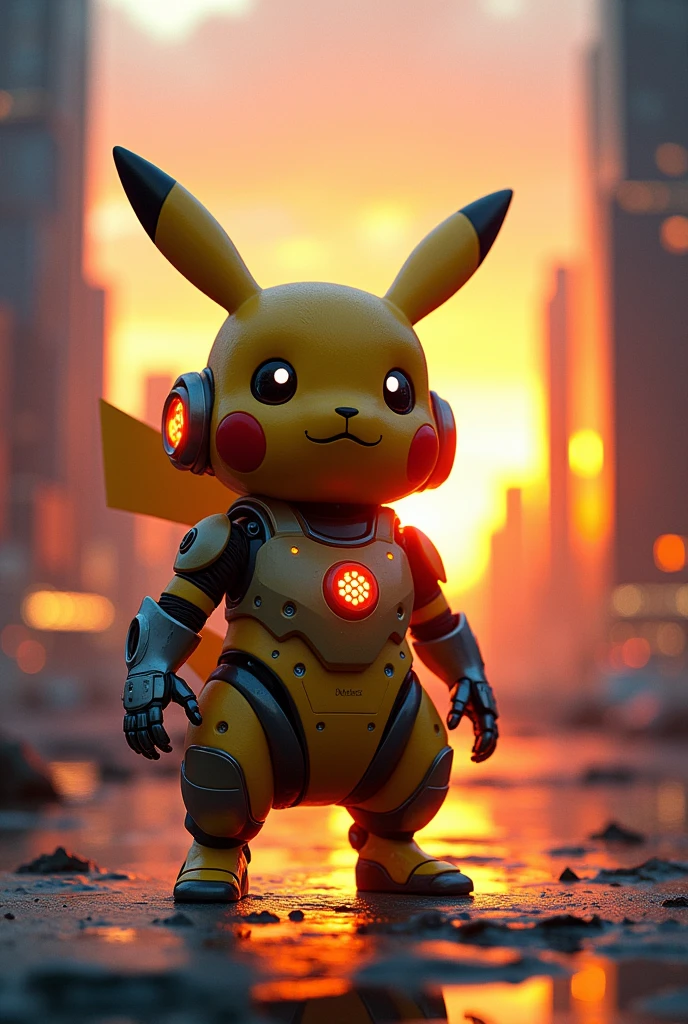 Pikachu wearing cyborg costume standing between skyscrapers in sunset