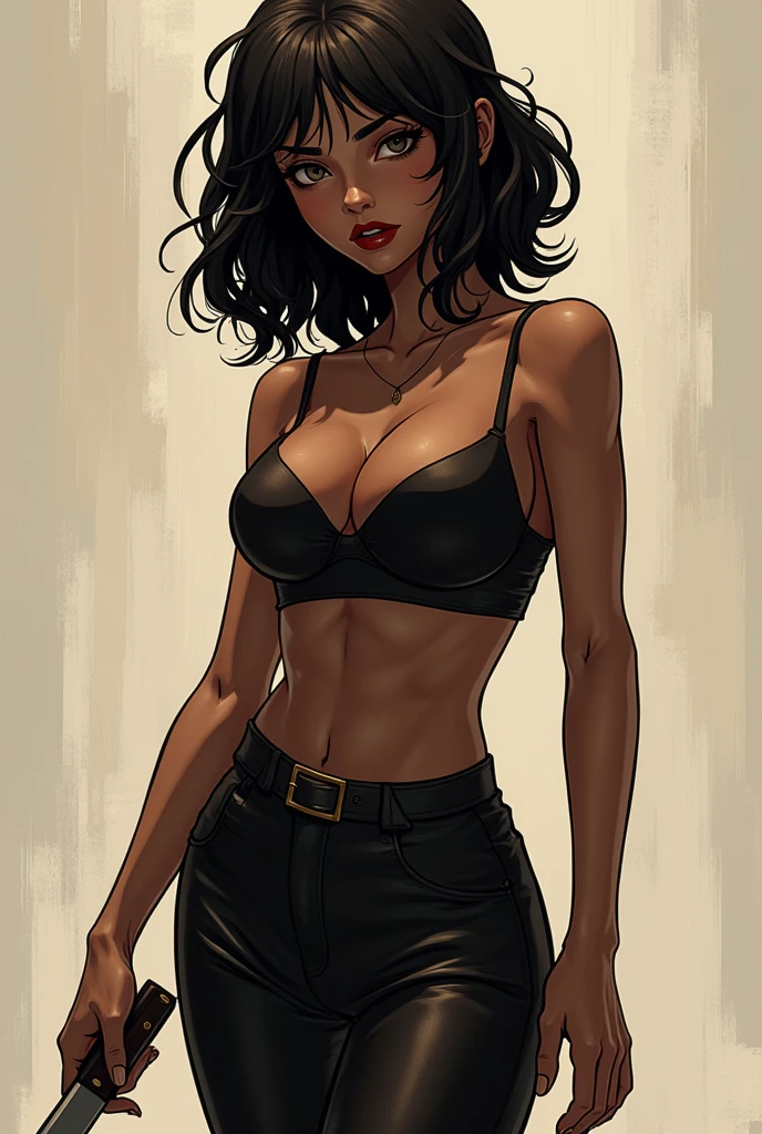 brunette woman, dark brown skin, bee ready, medium length curly, eyes as dark as the night, slenderbody?, small and wide nose, full mouth and red lipstick shape in 3d anime drawing knife she fuller