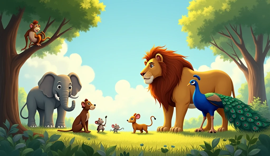 A double-page spread illustration of the a lion, a mouse, a monkey , an elephant, a peacock gathered in the 
clearing, each character positioned with intent and purpose, creating a sense of 
anticipation and drama for children book 