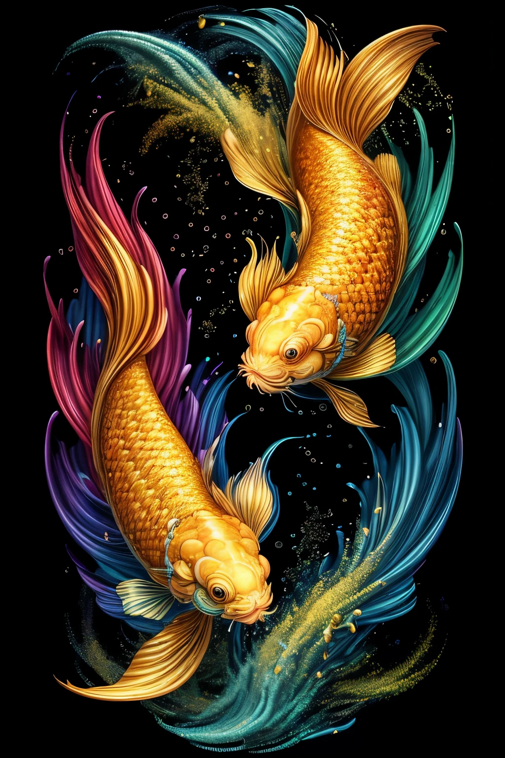 ((Highest quality)), ((masterpiece)), (detailed), Create a breathtaking and fantastical scene centered around two majestic koi fish leaping out of the ocean, their scales shimmering with a golden glow. The koi should be depicted in mid-air, surrounded by splashes of water that catch the light, reflecting hues of gold and iridescent colors. The ocean below should have gentle waves that flow seamlessly into the sky above, where soft clouds part to reveal a brilliant rainbow arcing across the horizon. The sky should be painted with warm pastels, transitioning into deeper blues and purples as it meets the ocean. Gold accents should be scattered throughout the scene, highlighting the edges of the waves, the koi's scales, and the clouds, adding a touch of opulence. The overall atmosphere should be one of tranquility and awe, with the koi symbolizing balance and harmony in nature. Include subtle light trails and sparkling particles around the koi to enhance the magical, dreamlike quality of the scene.