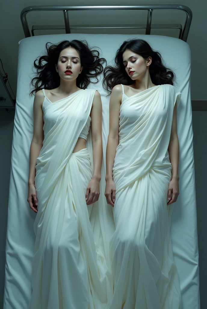 2 girls in white saree dead body in the morgue bed full body laying displayed eyes closed mouth opened maroon lips