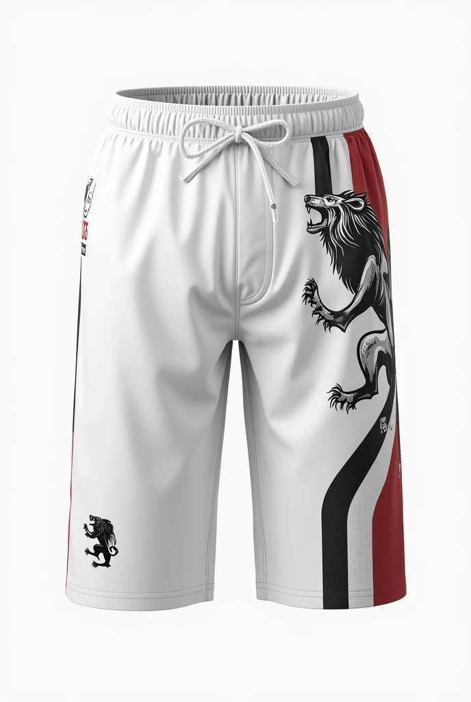 horts Design (Front Only):
Color: Predominantly white (at least 50% of the surface).
Main Design:
Left Side: Incorporate a sideways lion design on the left side of the shorts, mirroring the cricket-style pose used on the T-shirt. The lion should be bold and striking, positioned towards the upper half of the shorts to maintain balance with the rest of the design.
Right Side: Add a vertical stripe that corresponds with the "St. Mark" theme. The stripe could be a unique color or pattern that complements the T-shirt design, running from the waistband down to the hem. This stripe can incorporate subtle texturing, patterns, or colors that tie into the overall theme.
Additional Details:
Consider adding a small, stylish emblem or logo near the waistband on the right side, subtly connecting with the design elements from the T-shirt. This could be a simple symbol or a small "00" number, placed to add detail without overwhelming the main design