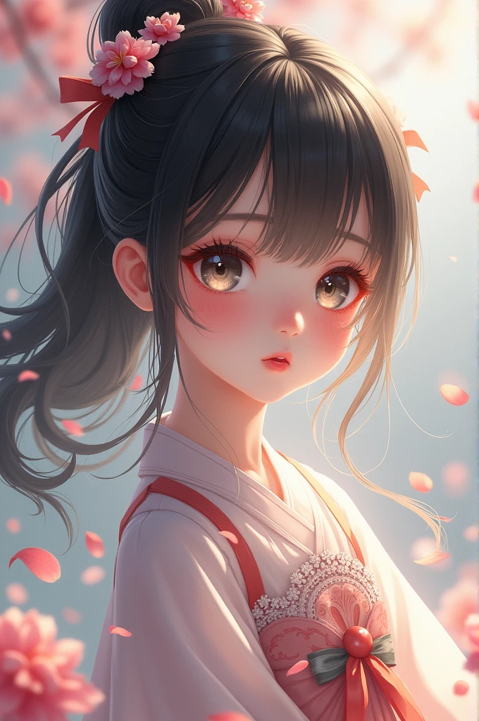 (: 1.5), Lace, ribbon, Hanfu, (Masterpiece, Side light, Delicate and beautiful gray eyes: 1.2), Masterpiece, Realistic, Glowing eyes, Shiny hair, Dark hair, Long hair, Shiny skin, Solo, embarressed, No shoulder strap, Delicate, Beautiful, sonoko, Flowers, Fluttering petals,