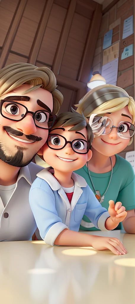 Papai de barba uniforme com oculos, cabelos marrom, Baby Boy Short Hair, Blonde mommy with glasses smiling