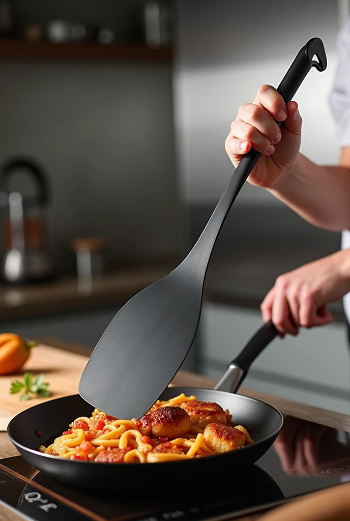 An extended spatula with a hook lock handle  
