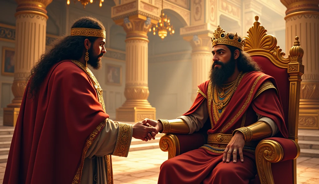 Ramoo presenting the golden axe to the king in a grand palace. The king, dressed in regal attire, looks impressed and surprised. The palace interior is ornate with rich decorations.