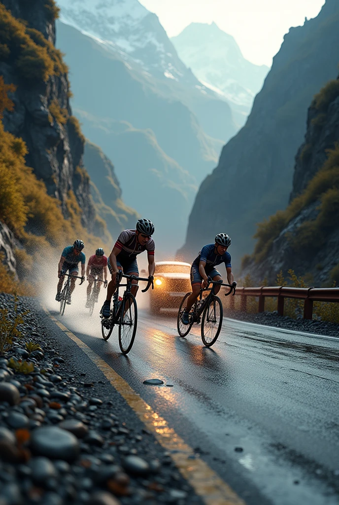 photo realistic, a bikes riding in the mountain hill roads , while taking corner crash in to vehicle